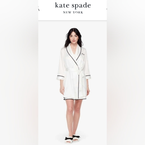 Kate Spade "Mrs" Silky White Robe with Black Piping Sz M - Picture 7 of 8